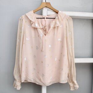 Rebecca Taylor Silk Floral Scattered Tulip Clip Ruffle Metallic Peasant Top sz 2